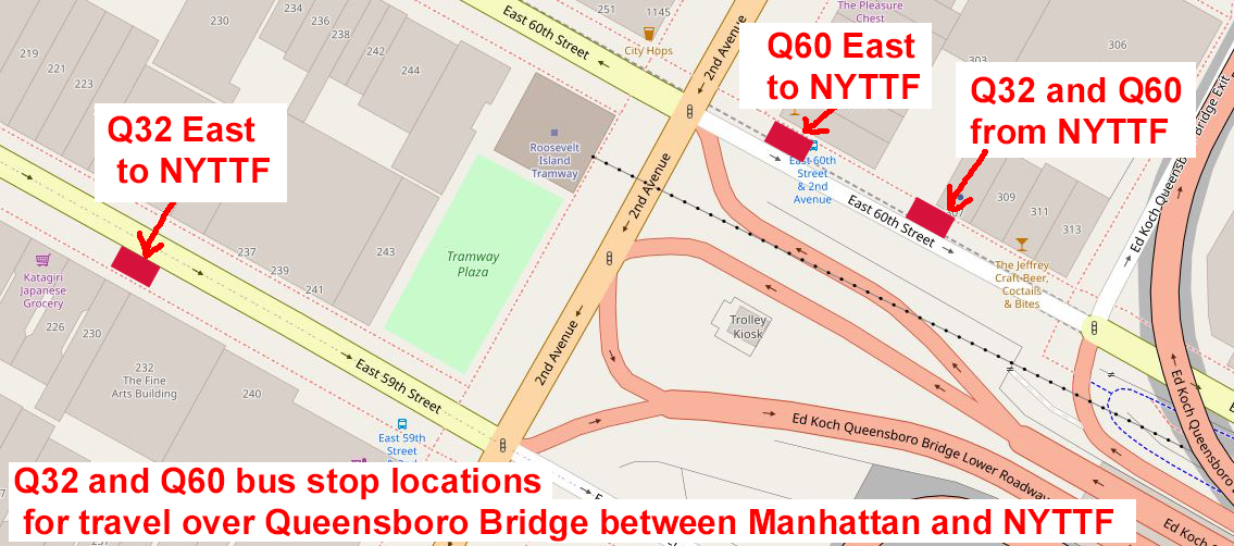 OSM Manhattan Q32 Q60 Bus Stops Queensboro Bridge labeled
